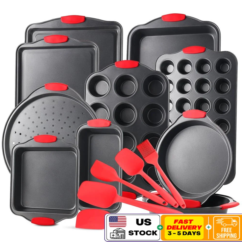 Nonstick Carbon Steel Bakeware Set 15 Piece Kitchen Baking Tray Silicone Handles Oven Safe Cookie Sheets Muffins Loaf Pan