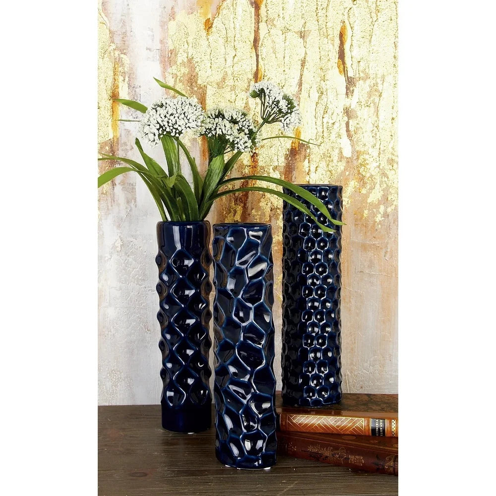 Set of 3 Dark Blue Ceramic Vases Tall Round Cylinder Design Geometric Pattern Stoneware Home Decor Accent Pieces
