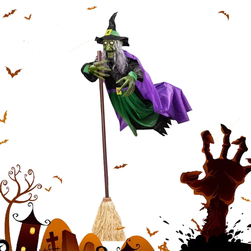 Halloween Animatronic Flying Witch On Broom Luminous Eyes
