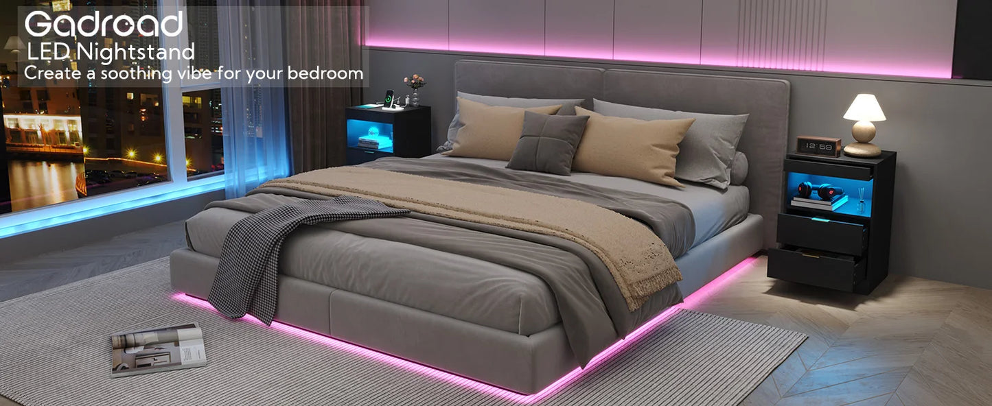 LED Nightstand With Charging Station 3 Drawers End Table