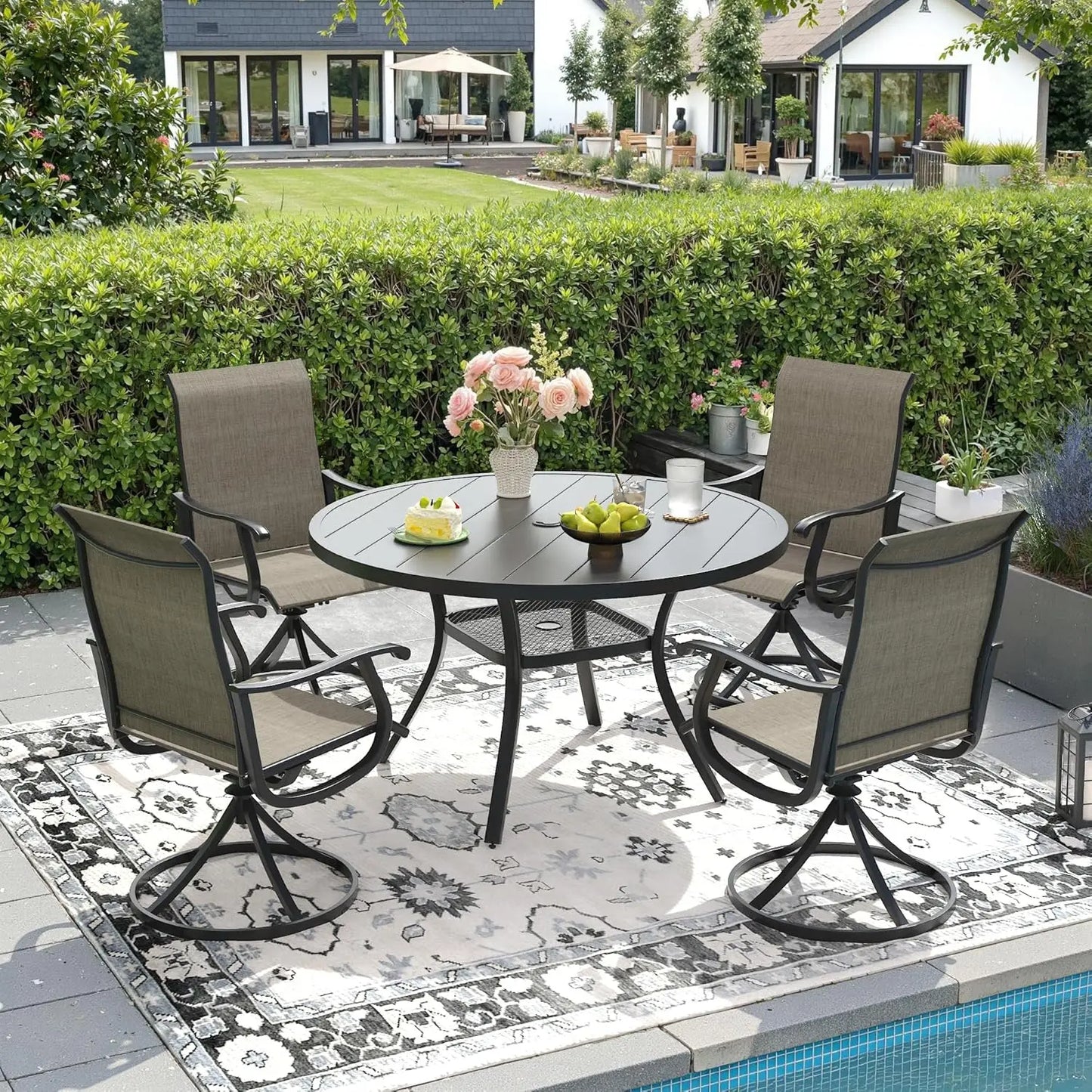 5 Piece Outdoor Dining Set With 4 Textilene Swivel Chairs And 40.6 Black Table