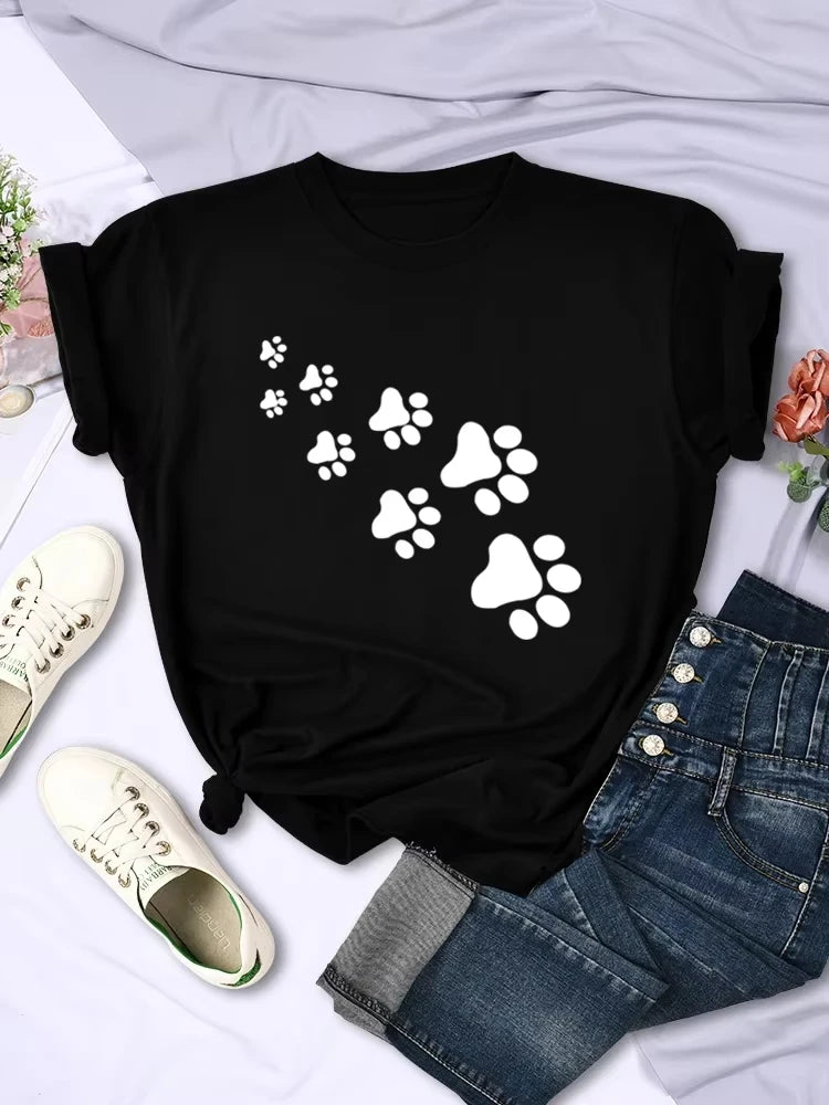 White Cat Paw Print T Shirt Women Summer Casual Breathable Round Neck Top