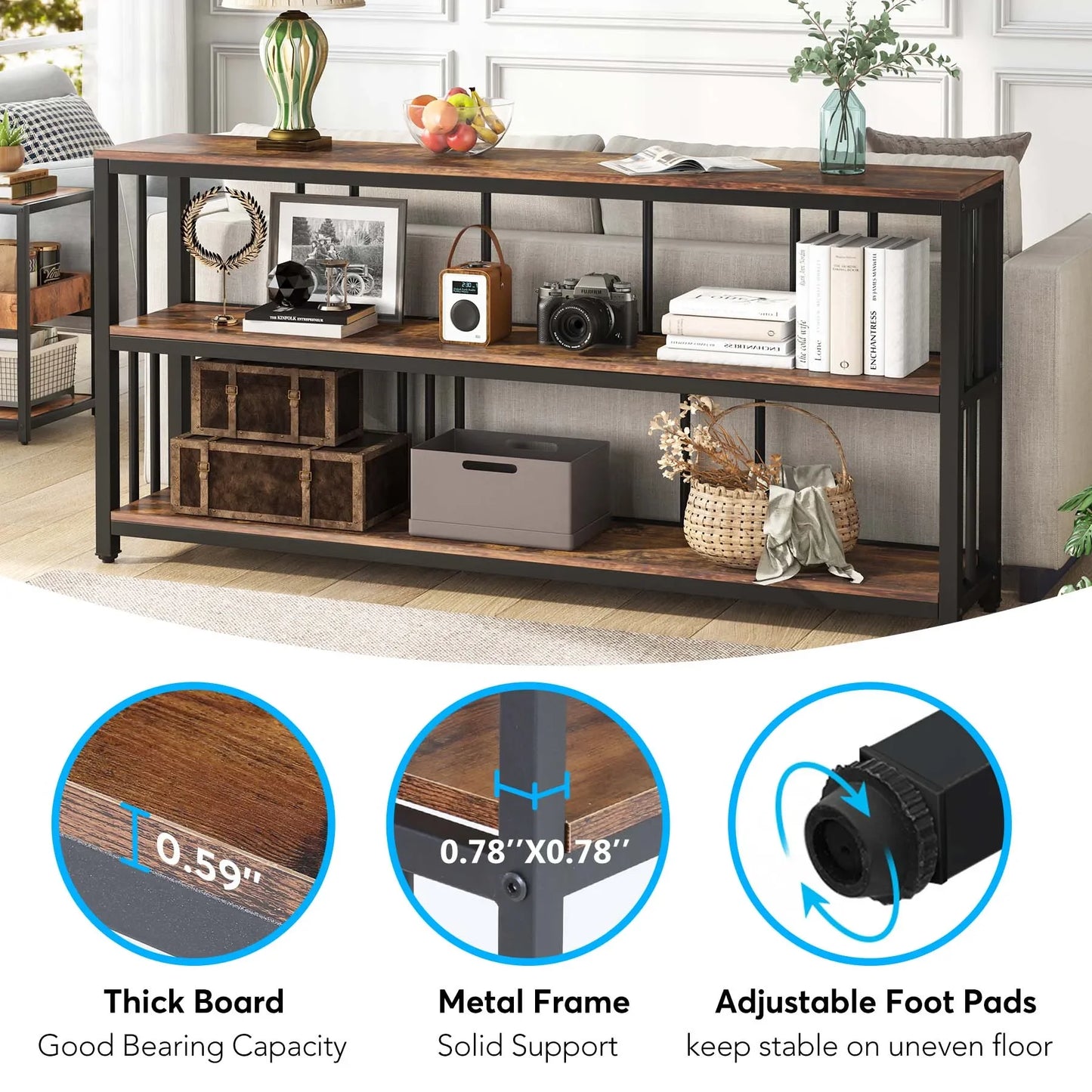 Tribesigns Long Console Sofa Table 70.89 Inch 3 Tier Rustic