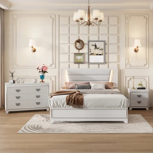 3 Piece Queen Size Upholstered Bed Set With LED Lights Nightstands And Dresser