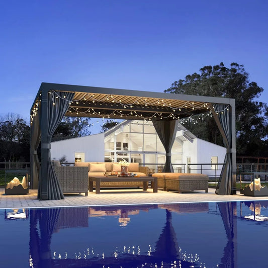 10x12 Aluminum Louvered Pergola With Adjustable Louvered Roof and Waterproof Curtains Outdoor Small Pergola