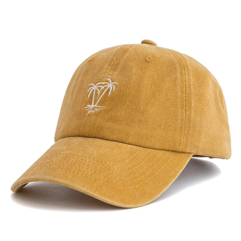 Washed Cotton Cap With Coconut Tree Embroidery Unisex Vintage Baseball Hat