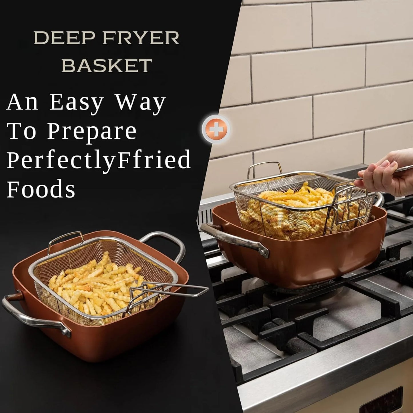 7 Piece Copper Pots and Pans Set Non Stick Copper Chef Cookware Square Pans Round Pot and Fry Basket