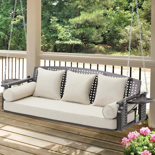 Three Porch Swing Chairs Terrace Bench With Cup Holders And Cushions With Chains