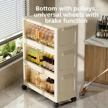 3 To 5 Tier Foldable Cabinet With Wheels Plastic Lidded Storage Box