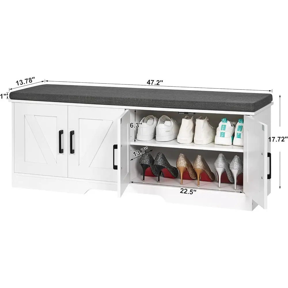 2-Tier Storage Bench With Padded Seat Cushion Entryway Barn Door Shelves