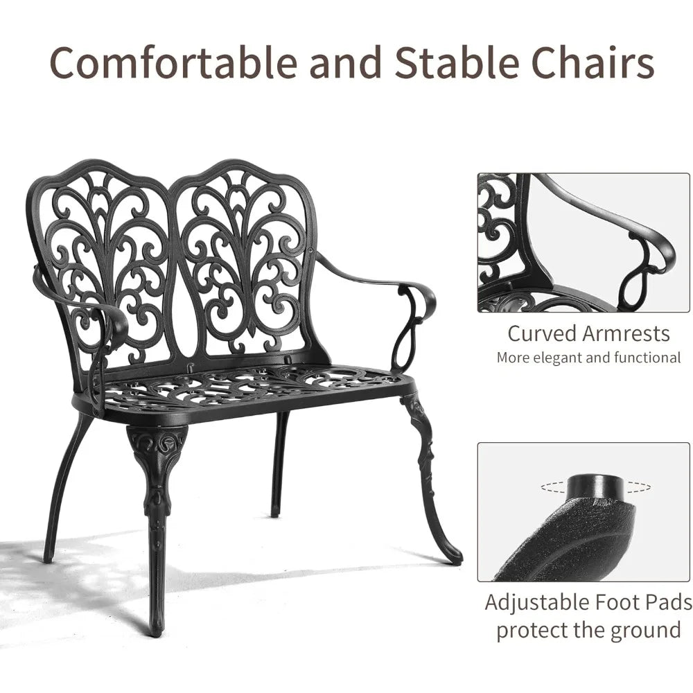 Cast Aluminum Outdoor Bench Patio Garden Loveseat Metal Bench For Front Porch Park Lawn Black