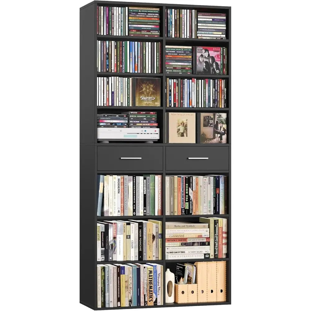 73 Inch High 7 Tier Black Wood Bookshelf Double Wide With Storage For CD DVD