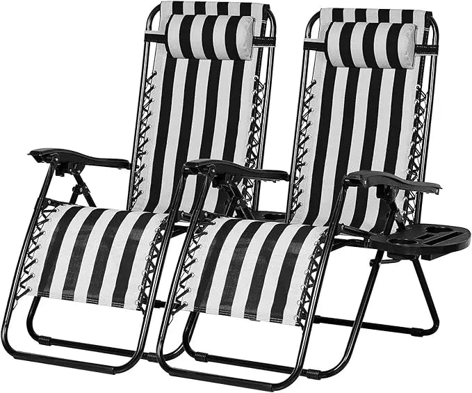 Set of 2 Adjustable Zero Gravity Lounge Chairs With Cup Holder and Pillow