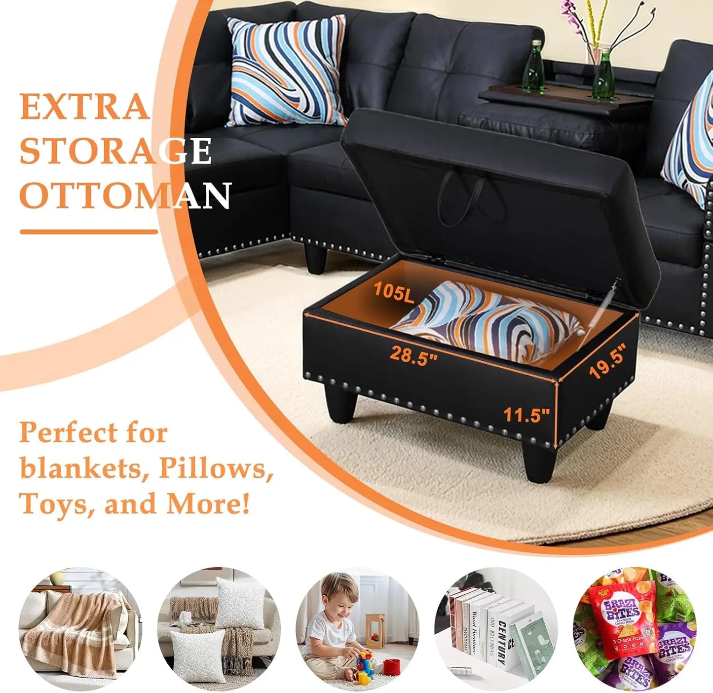 Modern L Shaped Sectional Sofa 4 Seat Set With Chaise Lounge Ottoman And Pillows