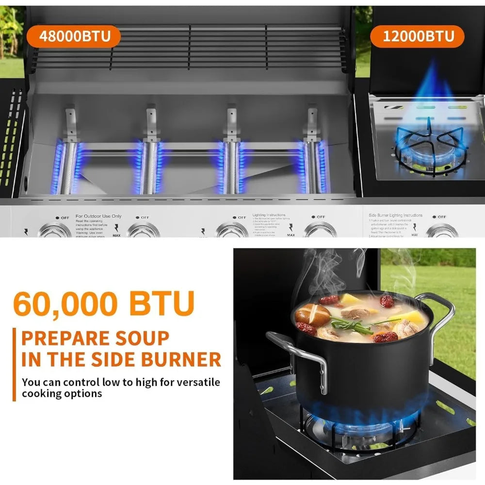Led 4 Burner Gas Bbq Grill With Side Burner Led Knob Porcelain Enameled Cast Iron Grates 60000 Btu Stainless Steel