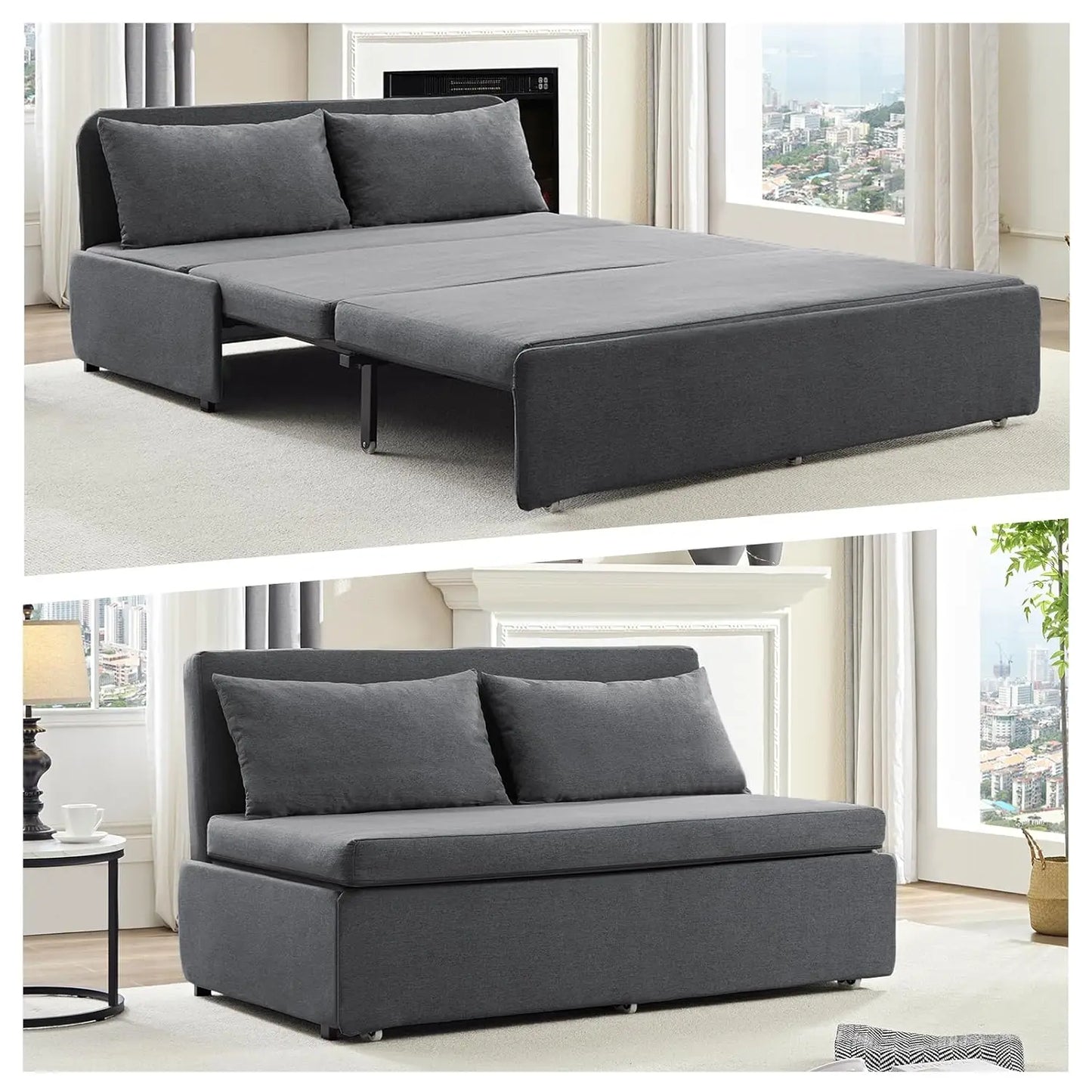 Queen Size Pull Out Sofa Bed Linen Convertible Couch With 2 Pillows For Guests