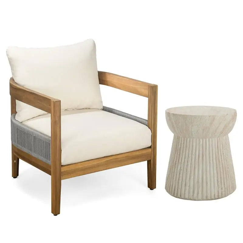 Porto Outdoor Chair And Travertine Side Table Set In Teak Beige Finish