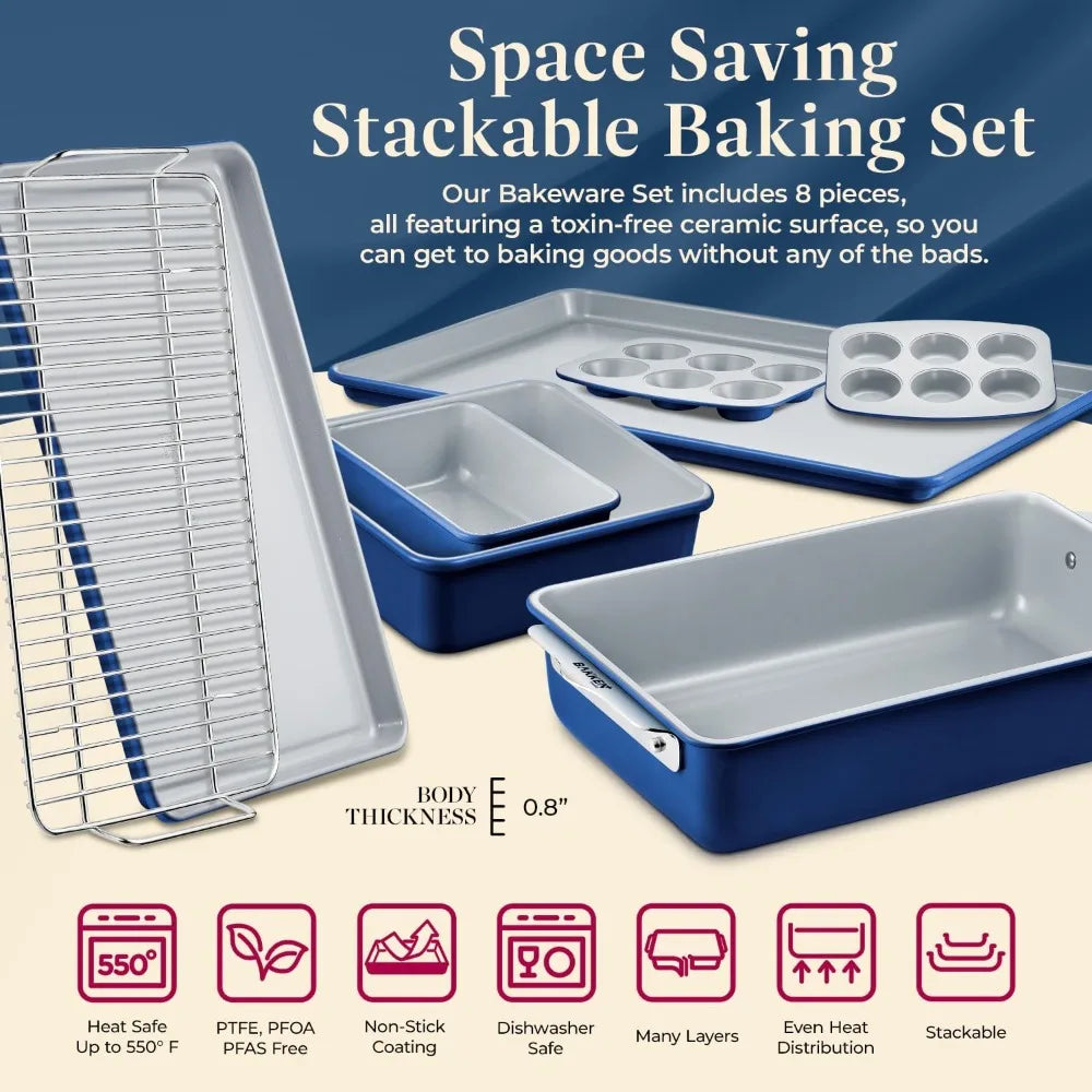 8 Piece Stackable Bakeware Set Ceramic Non Stick Oven Safe Baking Sheets and Pans PTFE PFOA PFOS Free with Ergonomic Handles and Cooling Rack