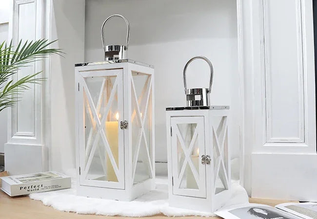 Farmhouse Wood Lantern With Tempered Glass And Steel Handle