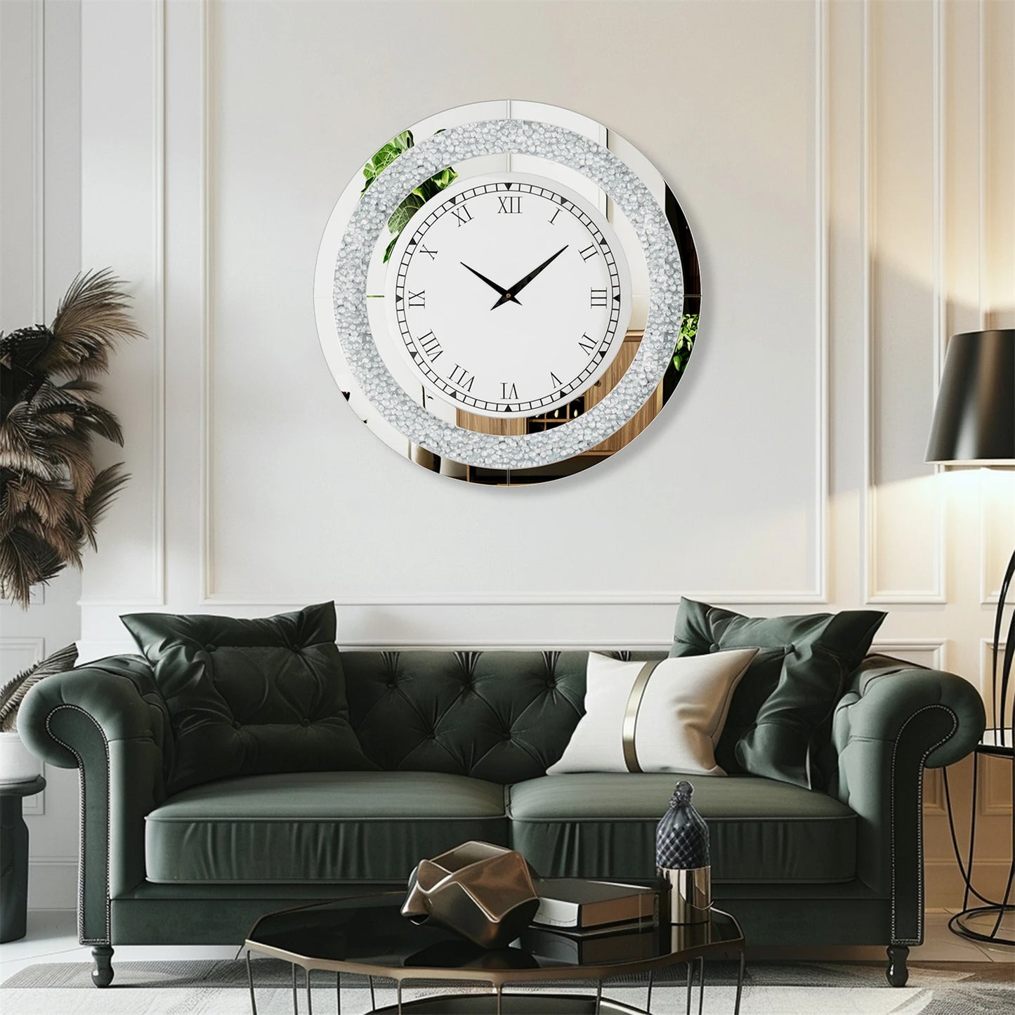 60 to 80 CM Bling Silver Round Mirror Clock Glam Sparkle Twinkle Shining Wall Clock for Home Decor