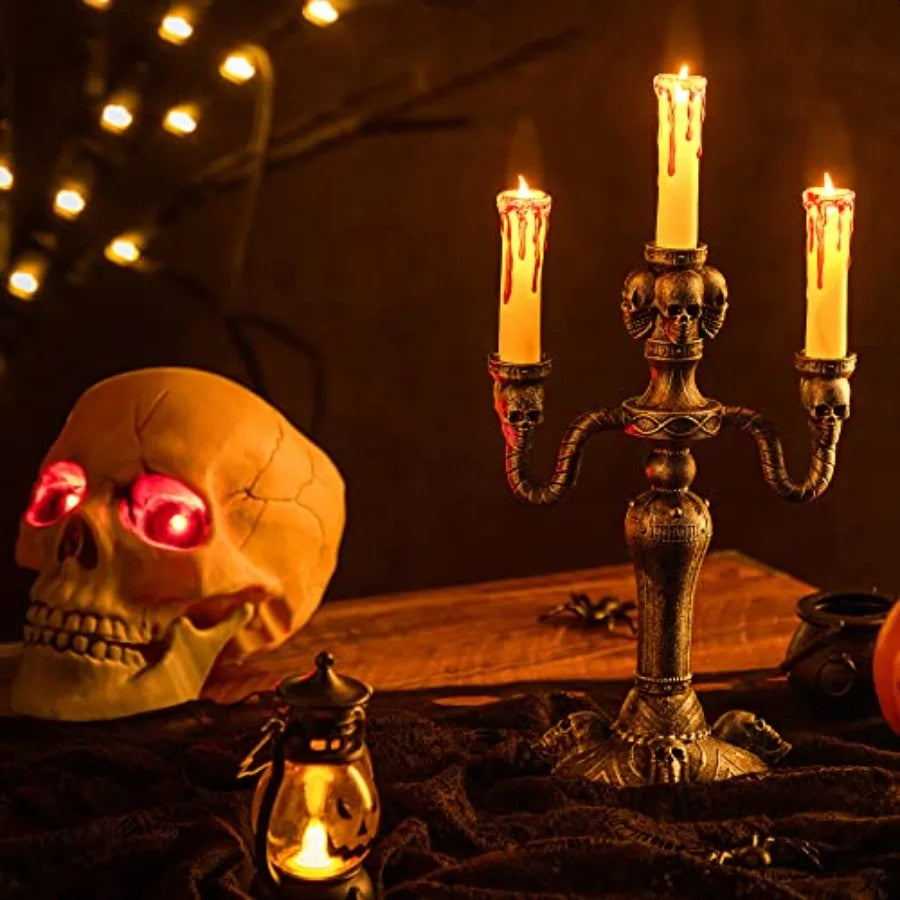 2 Pcs Skull Candelabra Halloween Decor LED Candle Holder