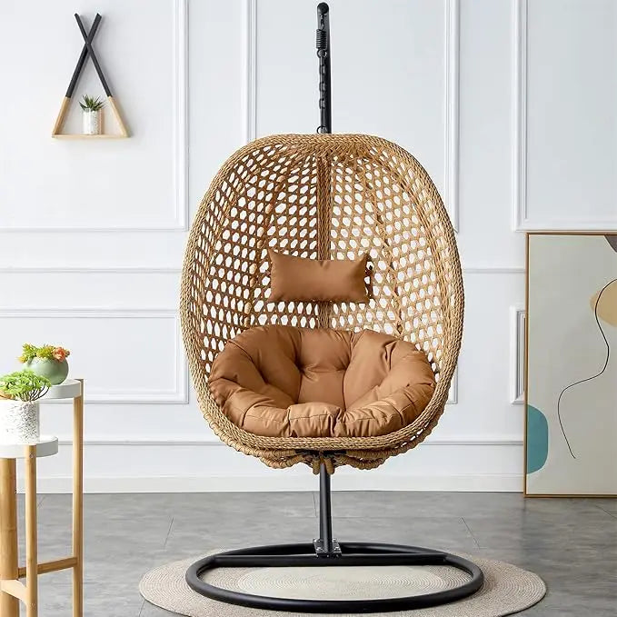 Standing Vine Hanging Egg Swing Chair Foldable Basket Indoor Outdoor Cushion and Pillow Relaxation Swing Chair