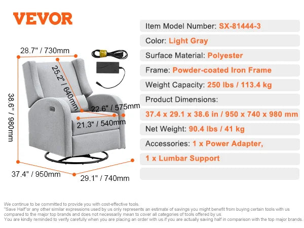 SucceBuy Electronic Power Recliner With USB Port Swivel Glider 250 Lb