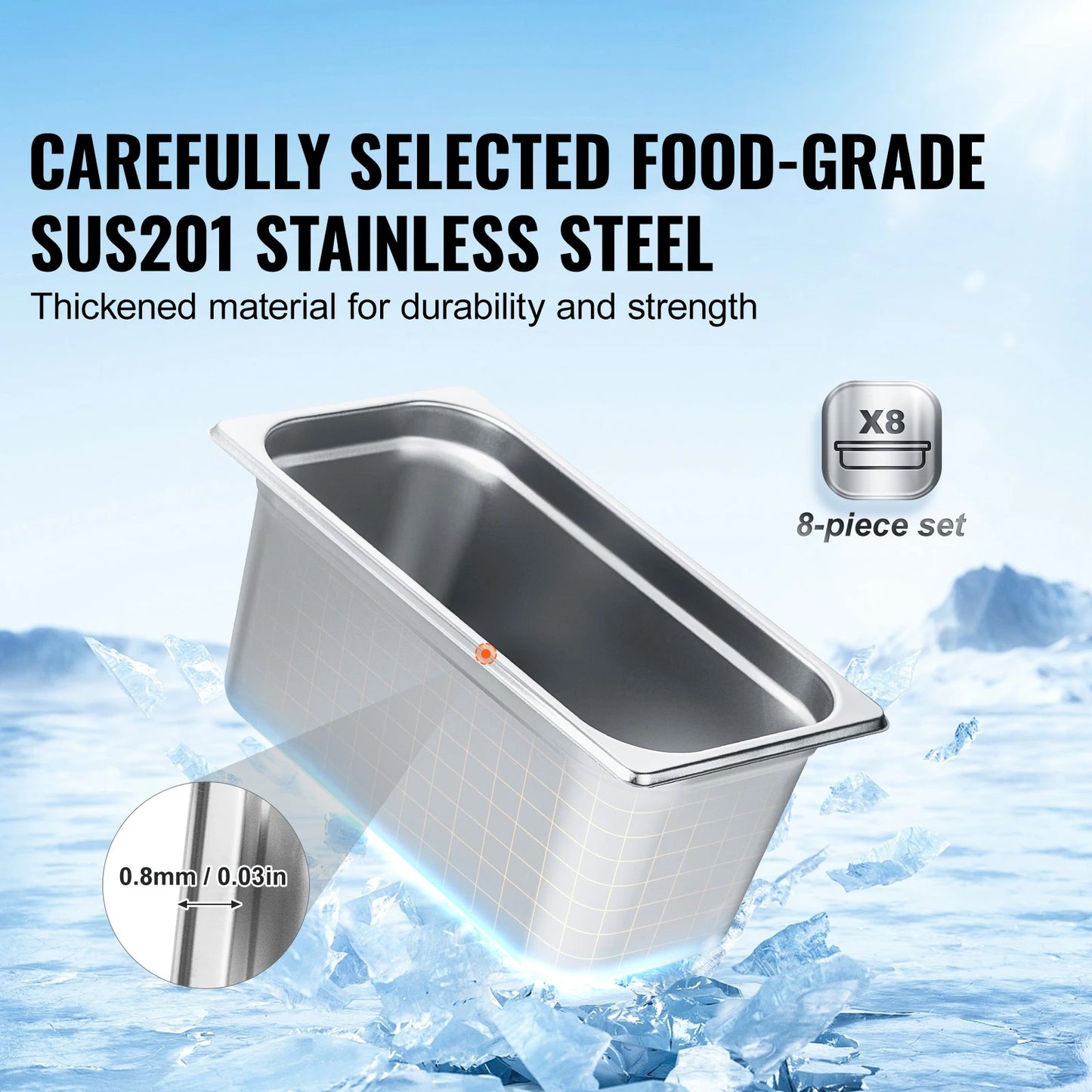 VEVOR 8 Pack Buffet Chafing Dishes 5.93L Stainless Steel Steam Table Pans with Lid 6 Inch Deep Catering Food Pan