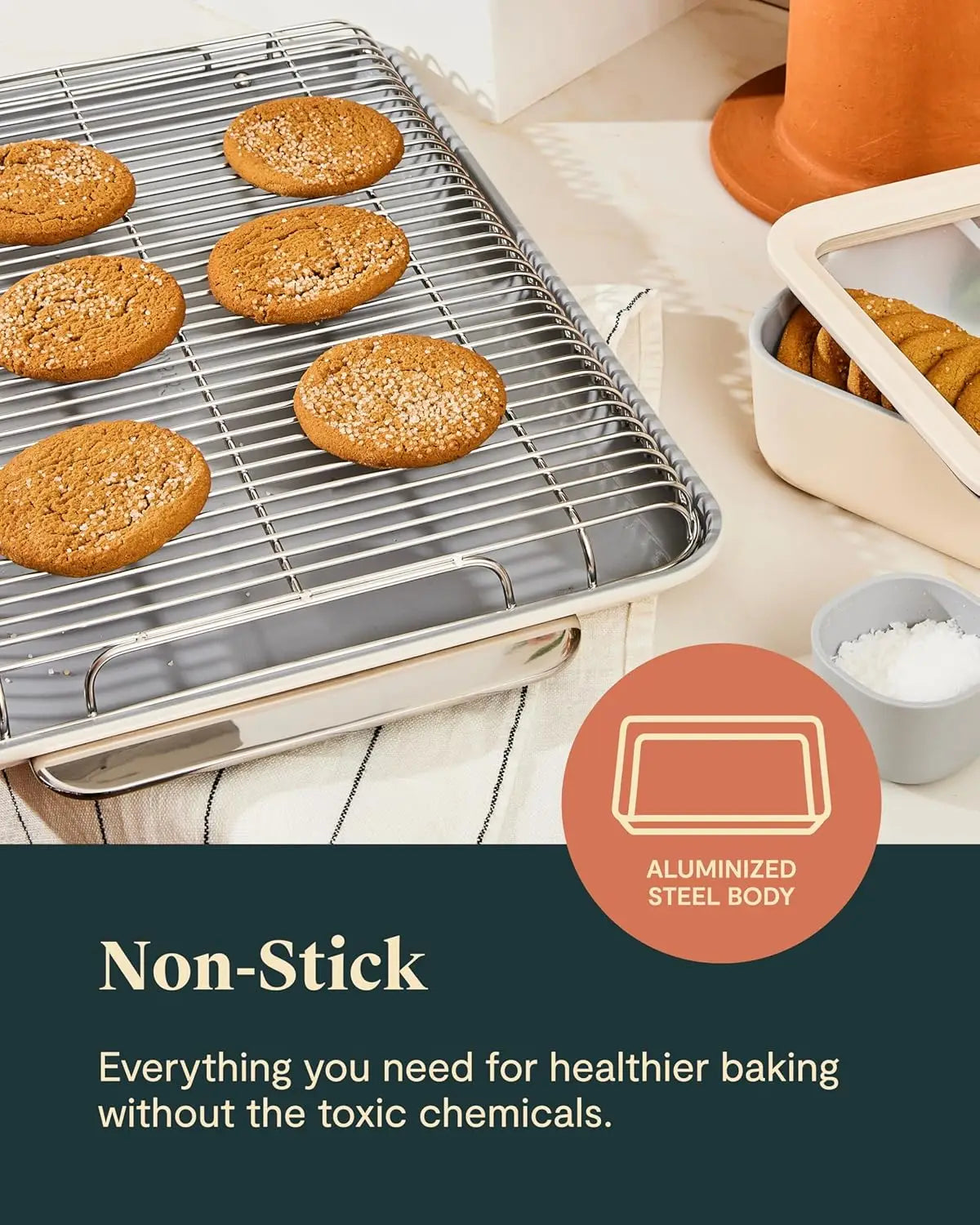 Nonstick Ceramic Bakeware Set 11 Pieces Baking Sheets Assorted Baking Pans Cooling Rack and Storage Aluminized Steel Body Non Toxic PTFE and PFOA Free Cream