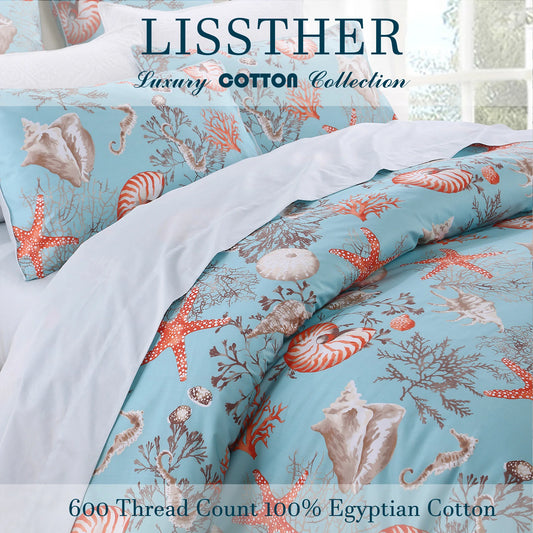 3Pc 600TC 100 Percent Egyptian Cotton Duvet Cover Set Blue Underwater Theme