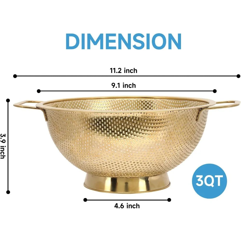 Gold Strainer Colander 3Qt Stainless Steel With Handle