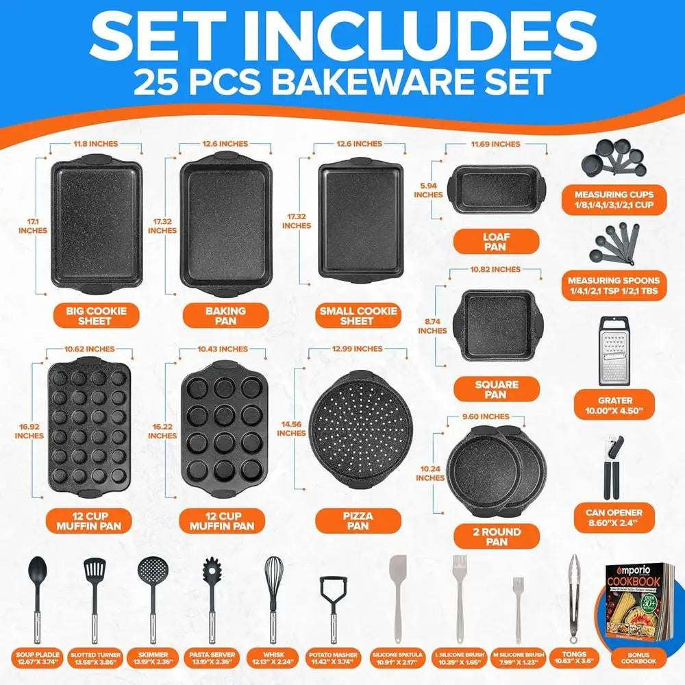 25 Piece Nonstick Carbon Steel Bakeware Set Oven Safe with Silicone Handles and Recipe Booklet Ideal for Baking Cookies and Muffins Pans