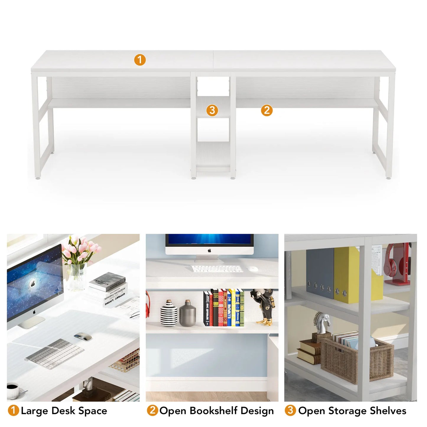 Tribesigns Two Person Desk With Bookshelf 78.7 Inch Rustic Double Computer Desk