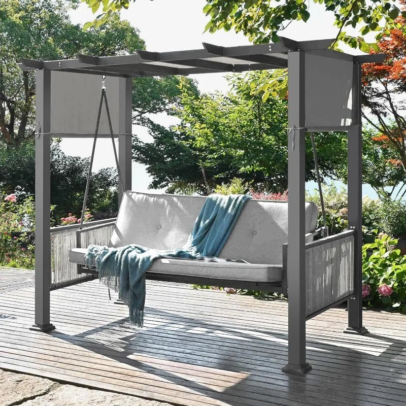 2 In 1 Convertible Porch Swing Bed With Wicker Armrests And Adjustable Canopy