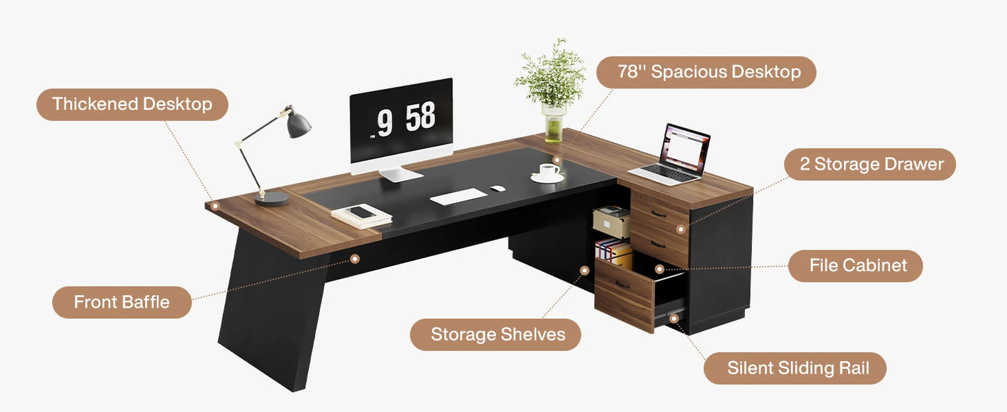 78 Inch L Shaped Desk Modern Executive Desk With Cabinet