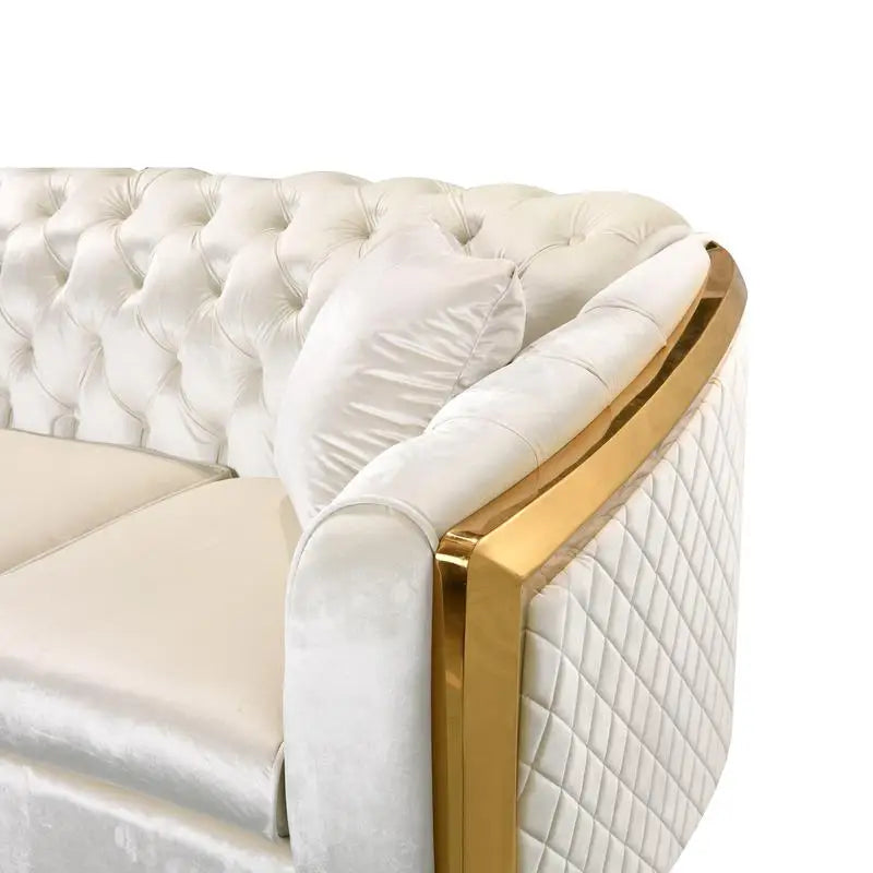 Beige Velvet Sofa Set 84 Inch Tufted 3 Seater With Gold Stainless Legs