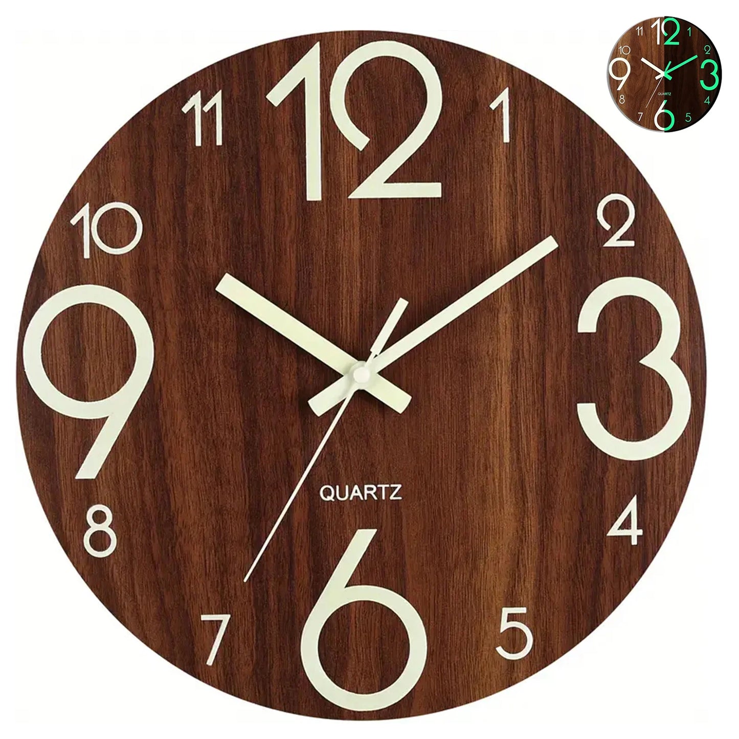 12 Inch Wooden Simple Luminous Wall Clock Silent Non Ticking Analog Clock for Living Room Bedroom and Office Decor