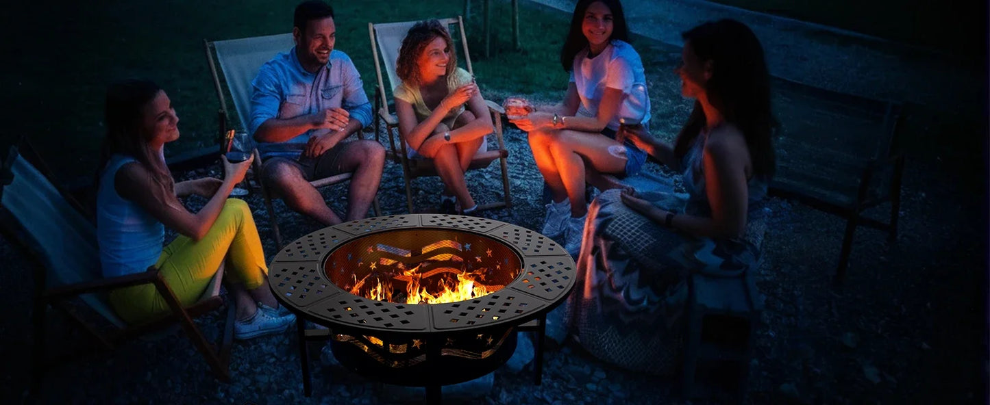 42 Inch Outdoor Fire Pit With Grills Wood Burning Cover Poker Metal