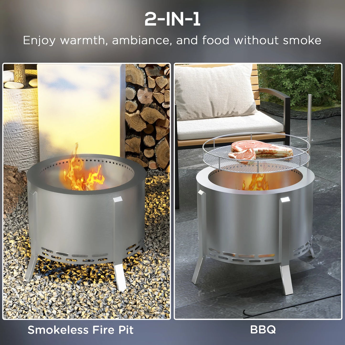 Outsunny Smokeless Fire Pit BBQ Grill Poker Stainless Steel