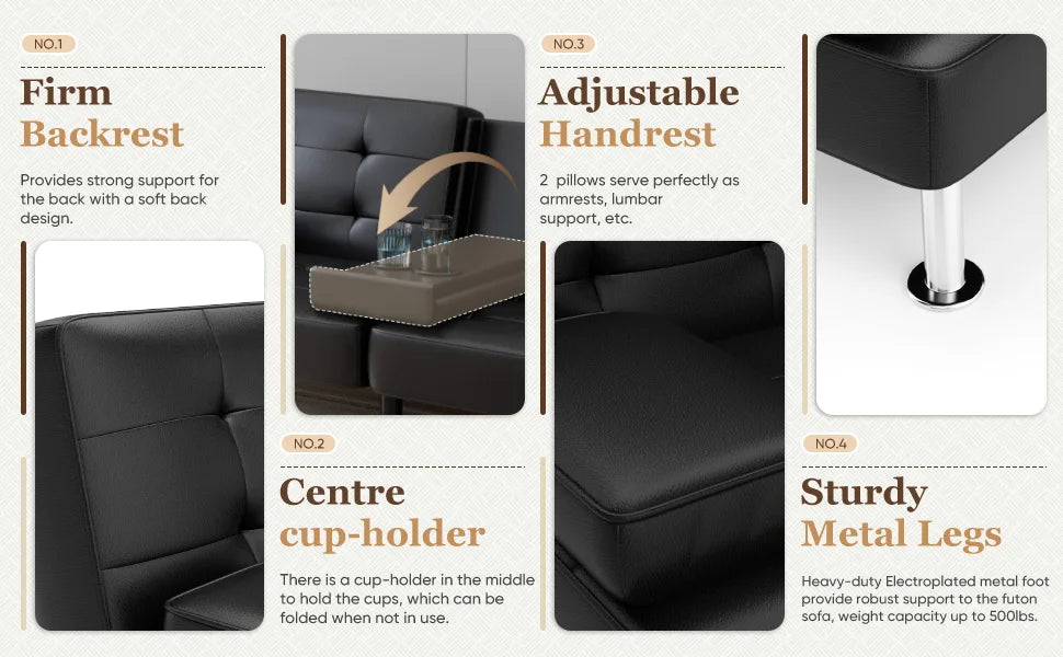 Folding Futon Sofa Bed For Living Room Faux Leather Upholstered Loveseat