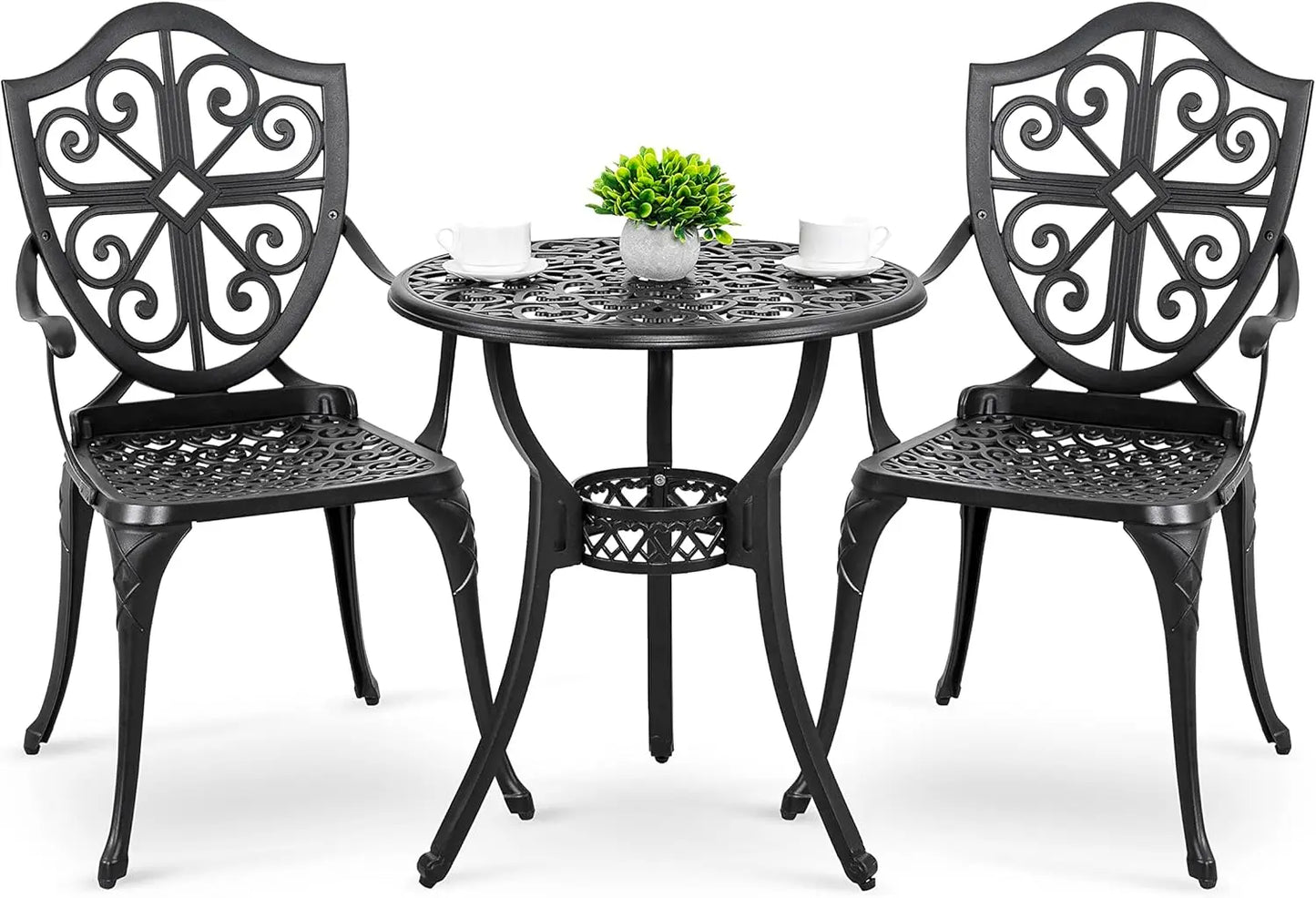 3 Piece Patio Cast Aluminum Bistro Set With Umbrella Hole Table And Chairs