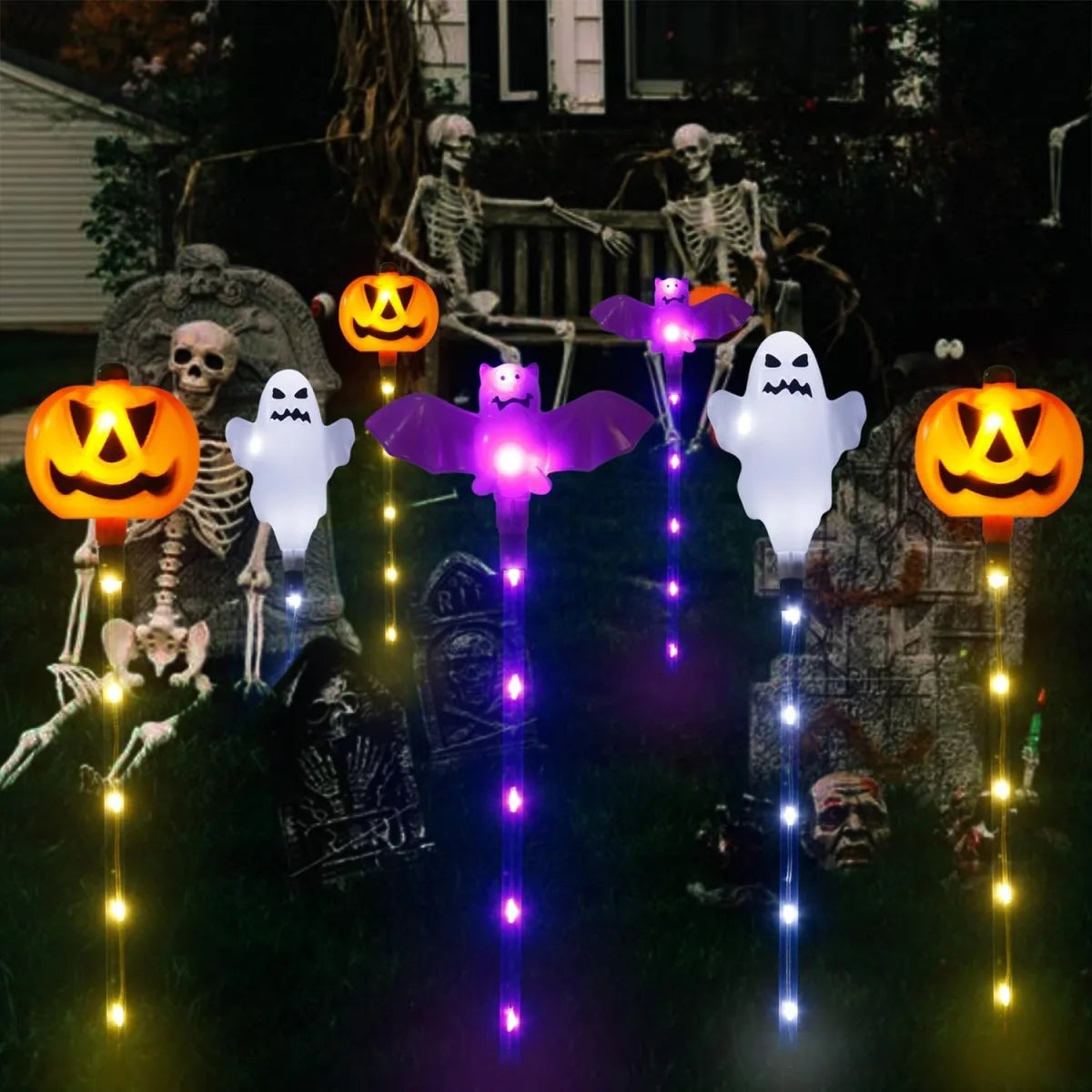 Solar Powered 8 LED Pumpkin Garden Stake Lights Halloween