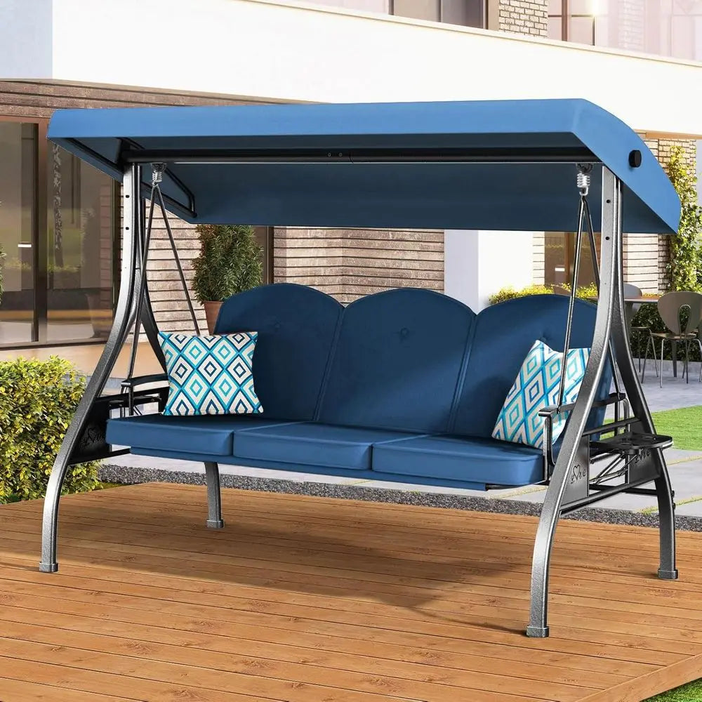 3 Seat Outdoor Swing With Stand 800lbs Capacity Convertible Swing Bed Blue