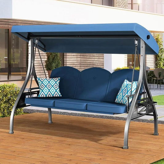 3 Seat Outdoor Swing With Stand 800lbs Capacity Convertible Swing Bed Blue