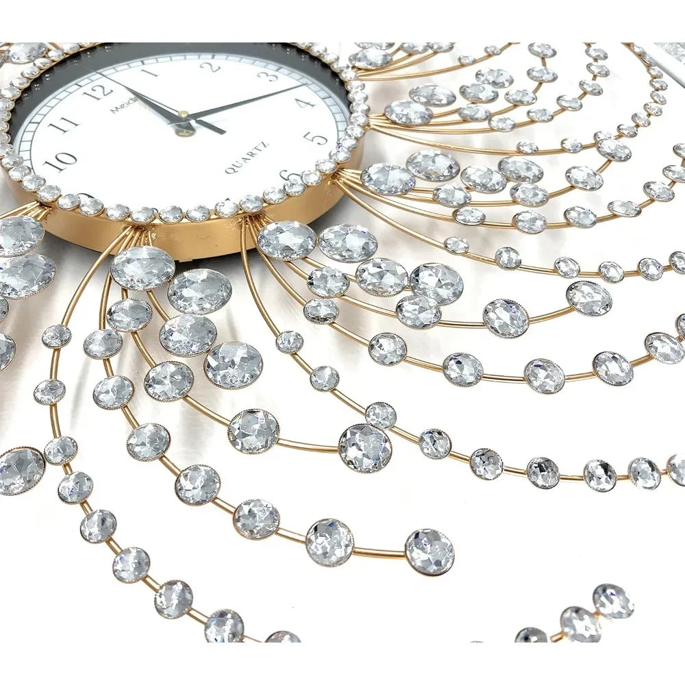 Large Gold Wall Clock with Dazzling Crystals Battery Operated Modern Elegance Ideal for Living Room and Bedroom