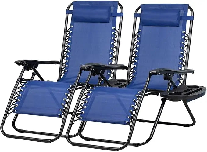 Set of 2 Adjustable Zero Gravity Lounge Chairs with Cup Holder and Pillow