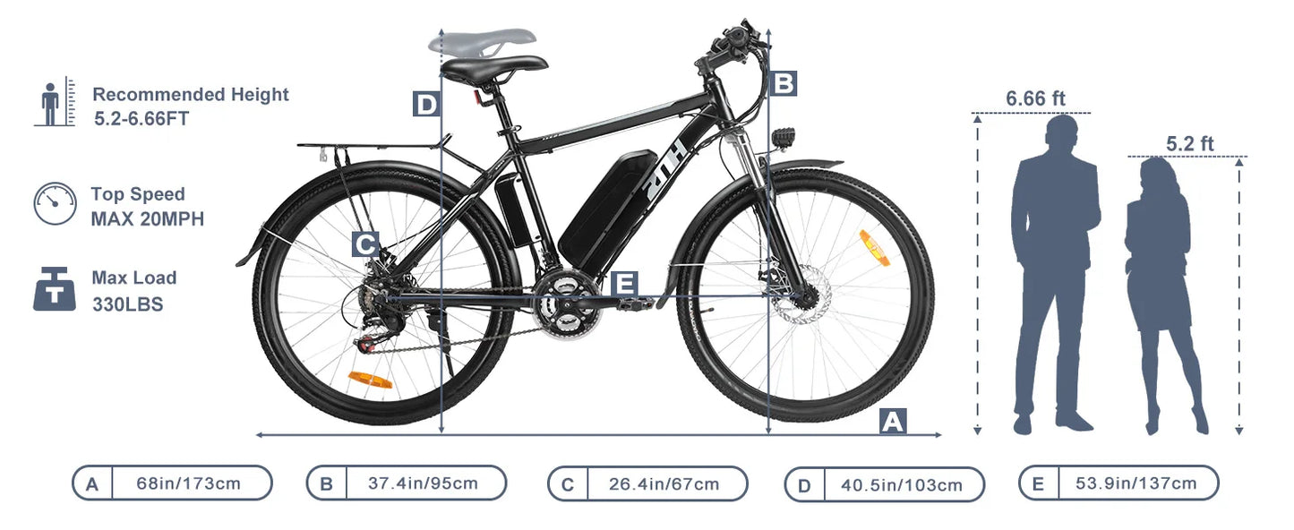 1000W Peak 48V Electric Mountain Bike 26 Inch Battery Range