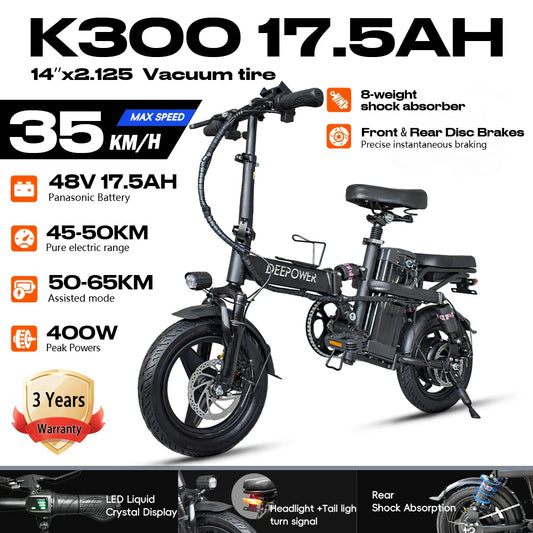 DEEPOWER K300 Electric Folding Bike for Adults 21 MPH 400W with 3 Level Assist
