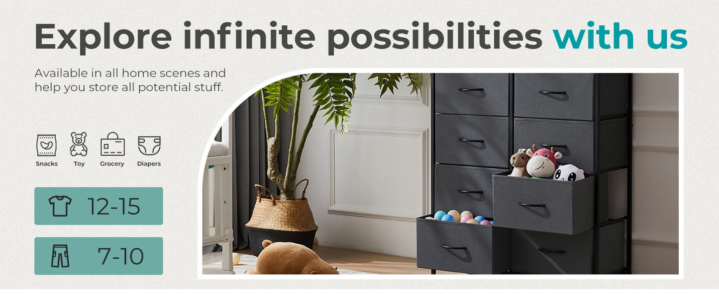 JHK Bedside Table With 10 Fabric Drawers Steel Frame