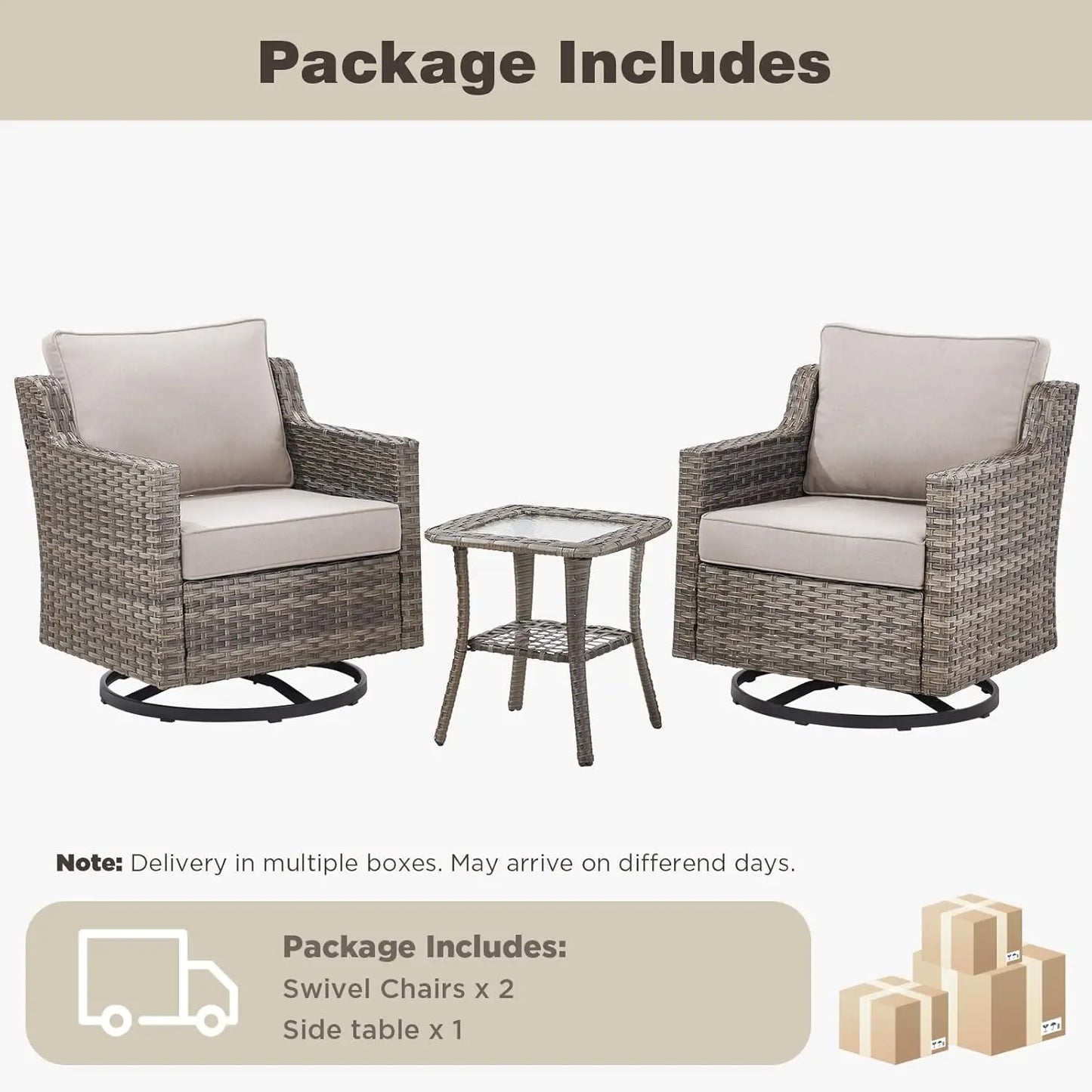 Swivel Rocker Wicker Chairs And Side Table Set All Weather Outdoor 3 Piece Beige